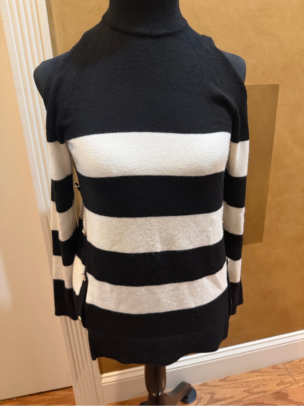 Chico's Black and White Striped Off-Shoulder Sweater